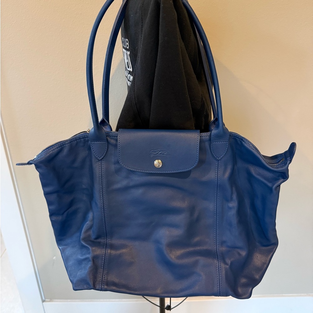 Longchamp Le Pliage Leather Blue Tote Bag